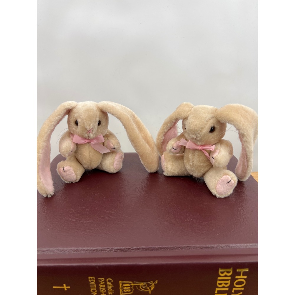 Vtg Wangs Int'l‎ Jointed Plush Bunny Rabbit Pair Twins Pink Bow Floppy Ears 5"